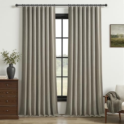 "Sage Green Blackout Linen Curtains 102 Inches Long for Living Room/Bedroom, Pleated Window Track Heavy Curtain for winter with Pin Hooks Boho Dark Green Drapes Thermal Insulated (50""Wx102""Lx2Panels)"