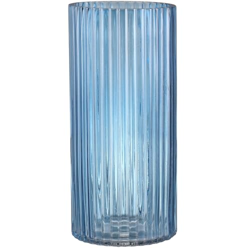 YANWE Blue Glass Vase - Ribbed, Tall Cylinder, 10 Inches for Centerpieces, Living Room, Bedroom, Dining Table, Office, Wedding, Bookshelf Decoration