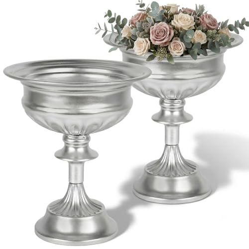 "WORTH Small Urn Vases for Centerpieces Set of 2, Classic Metal Trumpet Flower Pots for Table, Bowl Vase for Wedding Party Event Home Deco (Silver, 7.8"" Dia x 8.8"" H)"