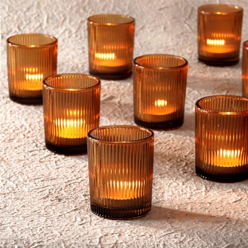 24 Pcs Votive Candle Holders - Amber Glass Tea Lights Candle Holder in Bulk for Table Centerpiece, Tealight Candle Holder for Weddings, Home Decor