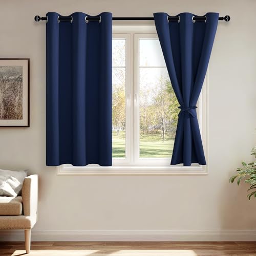 JIUZHEN Blackout Curtains with Tiebacks - Thermal Insulated, Light Blocking and Noise Reducing Grommet Curtain Drapes for Bedroom and Living Room, Set of 2 Panels, 38 x 45 Inch Length, Navy Blue