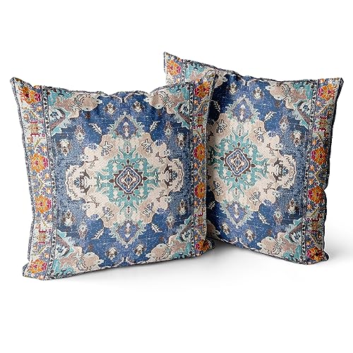 Snycler Boho Throw Pillow Covers 22x22 inch Set of 2 Boho Rug Carpet Double Sided Pattern Cotton Soft Pillow Case Cushion Cover Pillowcase for Couch Sofa Bed Decorative (Blue)
