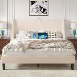 VECELO Wingback Double Bed Frame with USB Charging, Velvet Upholstered Platform with 30cm Side Wings, Prevents Mattress Sliding, Sturdy Wooden Slats, No Box Spring Needed, Beige