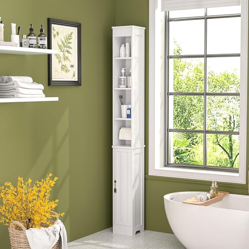 VECELO Tall Bathroom Cabinet, Slim Storage Unit with 1 Handle Cupboard Doors, 2 Internal & 4 Open Adjustable Shelves for Hallway, Living Room, Kitchen
