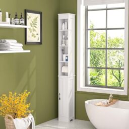 VECELO Tall Bathroom Cabinet, Slim Storage Unit with 1 Handle Cupboard Doors, 2 Internal & 4 Open Adjustable Shelves for Hallway, Living Room, Kitchen