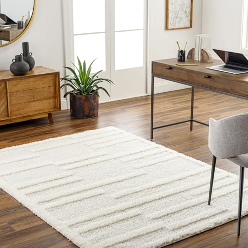 Livabliss Bahrani Lagny Shaggy Carpet 160x213 cm, Soft Plush Thick Pile for Living Room & Bedroom, Neutral Berber Boho Design, Easy Care, Beige White