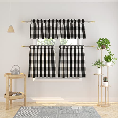 "Natus Weaver 3 Pc Cotton Classic Country Farmhouse Kitchen Window Curtain -Black & White Buffalo Check Tier & Valance Set, 54"" x 18"" / 27"" x 30"""