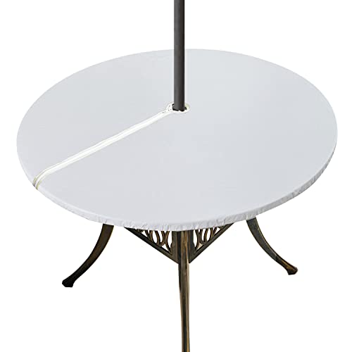 "Xikaywnt Vinyl Outdoor Tablecloth Round Fitted Table Cover with Zipper and Umbrella Hole 100% Waterproof Wipe Clean PVC Table Cover for Party, Picnic and Patio, 40"" - 44"", White"