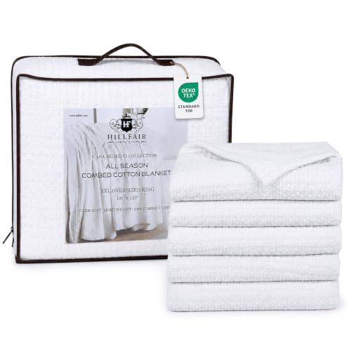 "HILLFAIR 100% Cotton Blanket- 120"" x 120"" XXL Oversized King Bed Blankets - Family Size 10 ft x 10 ft Big - All Season Soft Cozy Breathable Blankets for Bed - Extra Large King Cotton Blanket- White"