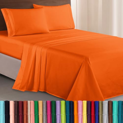 Elegant Comfort Luxurious 1500 Premium Hotel Quality Microfiber Three Line Embroidered Softest 4-Piece Bed Sheet Set, Wrinkle and Fade Resistant, Queen, Orange