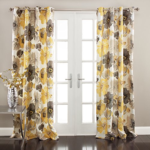 "Lush Decor Leah Room Darkening Window Curtain Panel Pair Floral Insulated Grommet, 52"" W x 120"" L, Yellow and Gray"