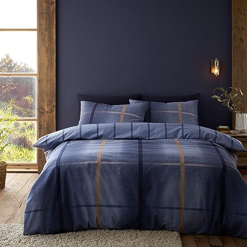 Catherine Lansfield Brushed Cotton Melrose Tweed Check Reversible Double Duvet Cover Set with Pillowcases Blue