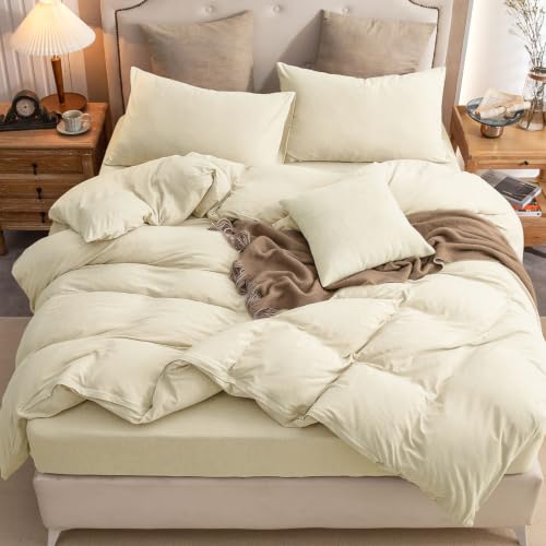 PURE ERA Jersey Knit Duvet Cover Set 100% T-Shirt Cotton Super Soft Comfy 3pc Bedding Set with Zipper Closure (Solid Creamy White, Full)