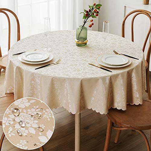 "smiry Round Table Cloth, Waterproof Heavy Duty Vinyl Tablecloths, Wipeable Washable Table Cover for Kitchen and Dining Room (Beige, 60"" Round)"