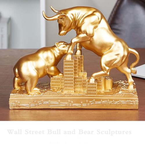 AETVRNI Bull and Bear Statue Wall Street Bull Statue – Ideal Stock Market Gift for Men Office Decoration Wall Street Bull Vs Bear Home Decor Stock Market, Gold