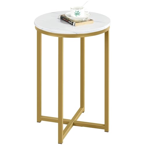 Yaheetech Round Side Table, Marble Effect Gold Side Table with X-Based & Sturdy Metal Legs, End Table Bedside Table for Bedroom/Living Room/Office, Mustard Gold, 40.5 x 40.5 x 61 cm