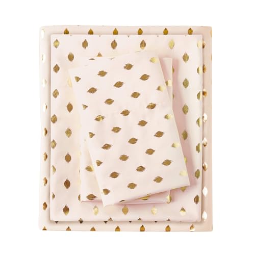 "Intelligent Design Microfiber Cozy Bed Sheet Set, Modern All Season Bedding & Pillowcases, Premium 14"" Elastic Pocket Fits up to 16"" Mattress, Twin Blush/Gold Metallic Dot 3 Piece"