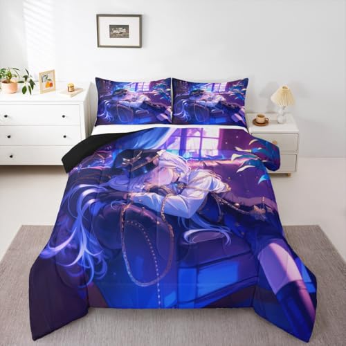 Erosebridal Anime Girl Comforter Set Full Size Japanese Anime Bedding Set for Kids Boys Teens Women Bedroom Decor, Cartoon Manga Girl Down Comforter Japanese Animation Kawaii Quilt, Purple
