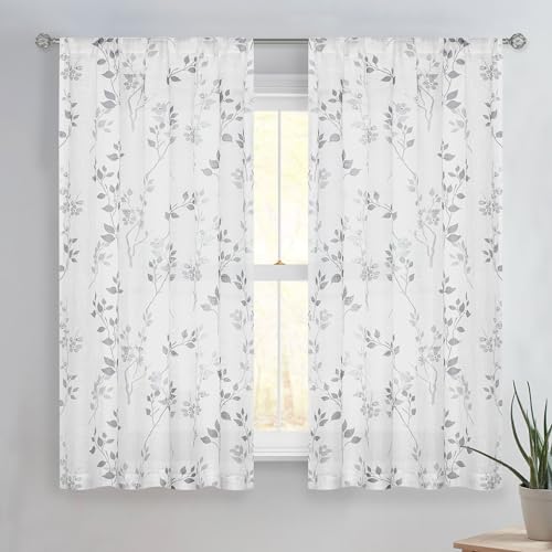 Beauoop Floral Linen Semi Sheer Curtains Living Room Grey 50x63 2 Panels - Farmhouse Flower Patterned Light Filtering Drapes for Bedroom 63 Inch Long Textured Privacy Voile Window Treatment Rod Pocket