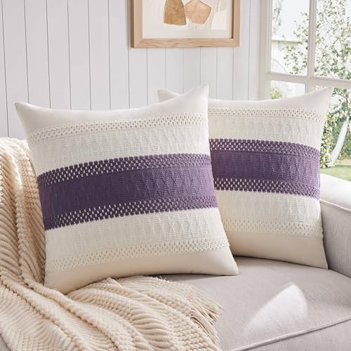 ZeeMart 2 Pack Boho Throw Pillow Covers, Contrast Purple 24x24in - Soft Breathable Cotton, Farmhouse Decorative Couch Pillow Cases, Cushion Covers for Sofa Bed Living Room Home Decor