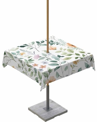 "QueenKer Spring Green Leaves Outdoor Tablecloth with Umbrella Hole and Zipper 54"" Square Table Cover Watercolor Flowers Leaves Plants Waterproof Tabletop Collection for Patio Garden Picnic Camping"