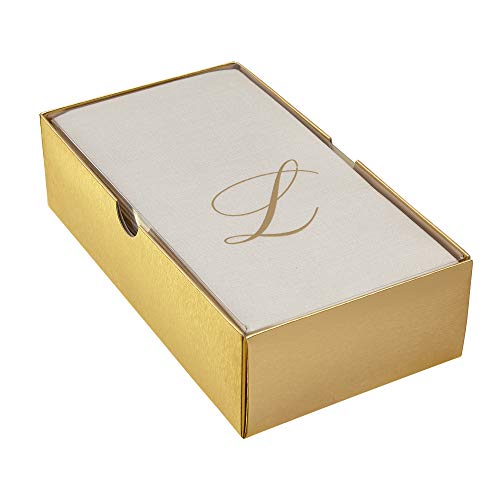 Linen Feel Disposable Monogrammed Bathroom Hand Towel - European Made - Initial ???L??? - 24 pc - for Dinners, Wedding, Events and More (Ivory/Gold)