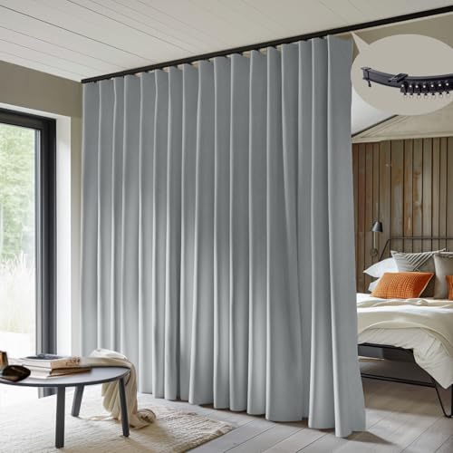 MaKefeile Room Divider Curtains with Flexible Ceiling Curtain Tracks Set,100% Blackout Floor to Ceiling Curtains Patio Sliding Door Curtains (Grey Drape & Black Rail W 15 ?? H 8 FT)