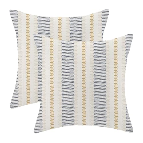 Navy Blue Mustard Yellow Outdoor Pillow Covers 18 x 18 Inch, Beige Polka Dots Striped Decor Throw Pillows for Couch Bed, Boho Modern Farmhouse Decorative Pillowcase Linen Cushion Cover Set of 2