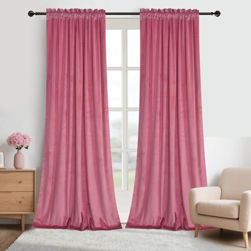 Roslynwood Candy Pink Velvet Luxury Curtains 108 inch - Room Darkening Rod Pocket Thermal Insulation Noise Reduction Window Drapes Panels for Dining Room/Bedroom, Candy Pink, W52 x L108, 2 Panels