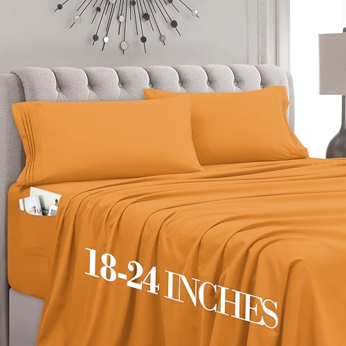 Mocassi Cal King Size 4-Piece Bed Sheet Set - 1800 Premium Hotel Quality Microfiber 18-24 Inches Extra Deep Pocket Fitted Sheet- Luxury Soft, Breathable, Wrinkle, and Fade Resistant, Orange