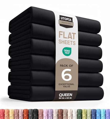 Utopia Bedding Flat Sheets - Pack of 6 - Soft Brushed Microfiber Fabric - Shrinkage & Fade Resistant Top Sheets - Easy Care (Queen, Black)