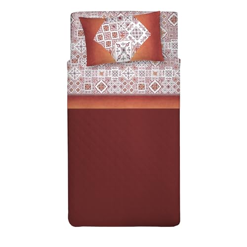 PENSIERI DELICATI Single Bed Set, 100% Cotton, Single Bed Sheet Set, 90 x 200 cm, Including Bottom Sheet, Top Sheet and 1 Pillow Case, Made in Italy, Red Majolica Pattern