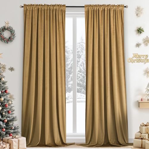 Yakamok Gold Brown Room Darkening Velvet Curtains 84 Inch Living Room - Luxury soft velvet, 2 panels 52x84 inch,bedroom study, window drapes rod pocket,light blocking,Thermal Insulated