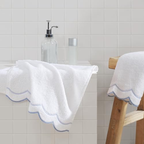 "Peri Home 100% Cotton Hand Towel for Bathroom, Embroidered, Soft & Absorbent, 500 GSM, 1 Piece, 16"" x 27"", White with Blue Scallop"