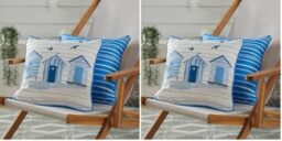 Fusion Nautical Outdoor Cushion – Blue Reversible Design 43 x 43cm – Filling Included – Beach Huts & Sailing Boats Print – Garden Cushion with Cover & Insert – Piped Edge (Pack of 2)