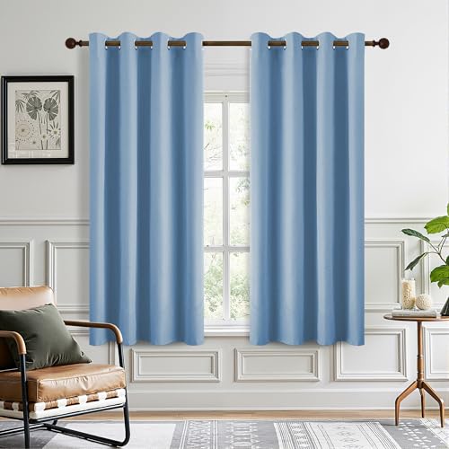 DONREN 100% Blackout Curtains 45 Inches Long Thermal Insulated, Soft Linen Grommet Blackout Drapes for Bedroom, 2 Panels 52Wx45L, Dusty Blue