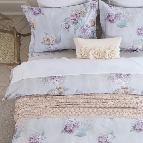 "DAUAOTO Full Size 82""X86"" Duvet Cover Set, 100% Cotton Printed Bedding Bedlinen Set, Floral Pattern, Hydrangea Gray Lilac"