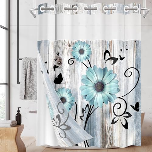 Nesphy No Hook Teal Flower Shower Curtain with Snap in Fabric Liner Set, Daisy Rustic Farmhouse Double Layers Waterproof Fabric with See Through Top Window Open Grommet Bath Curtain 71x86 Inch