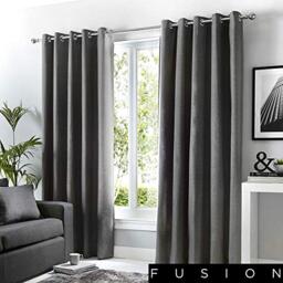 Fusion Sorbonne 100% Cotton Eyelet Lined Curtains, Charcoal, 46 x 90 Inch