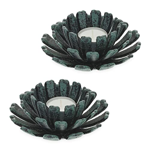 Relaxdays Tealight Holder, Set of 2, Flower Shape, Candle Stand, Cast Iron, Indoors & Outdoors, HxØ 6 x 13.5 cm, Green