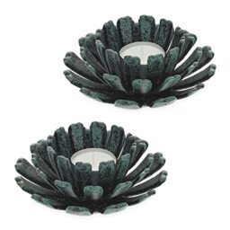 Relaxdays Tealight Holder, Set of 2, Flower Shape, Candle Stand, Cast Iron, Indoors & Outdoors, HxØ 6 x 13.5 cm, Green