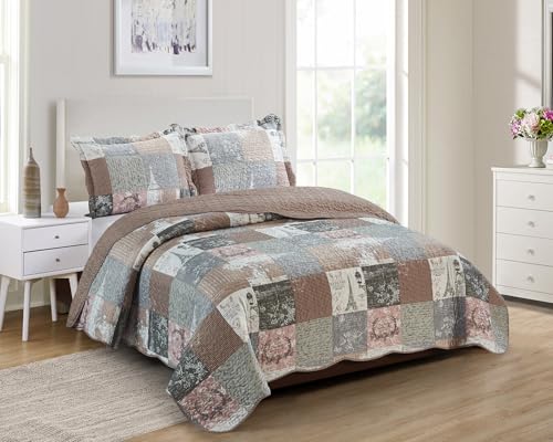 "Brilliant Sunshine Latte Grey Paris & Toile Floral Quilt, Queen Size - Soft Reversible Bedspread, Lightweight Coverlet with Shams, Washable Bedding Set, All Seasons, 90""x90""+2 20""x26"""
