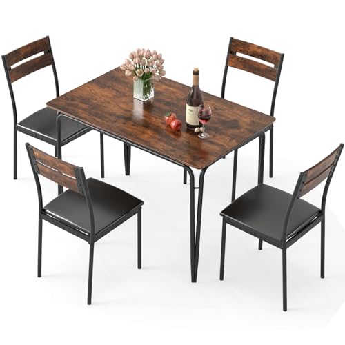 GiantexUK 5-Piece Dining Table Set for 4, Rectangular Kitchen Table with 4 Armless Upholstered Chairs, Space-Saving Dining Room Furniture with Metal Frame for Home Apartment Restaurant