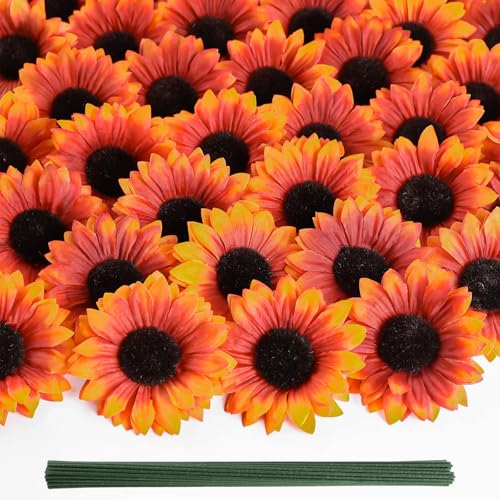 "Coferset 40pcs Fake Sunflower Heads with Stems, 4"" Sunflower Artificial Silk Flower Heads for Party Baby Shower Wedding Making Handicrafts Home Decor(Fall Orange)"
