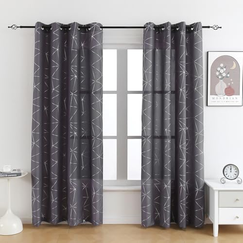 Taisier Home Silver Geometric Line Grommet Top Curtains, Lightweight Semi Sheer Light Filtering Window Drapes with Printing Design, Soft Grey, W52 x L84 Inch, 2 Panels