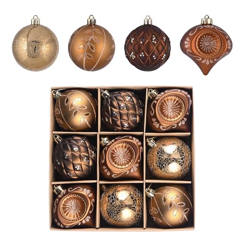 Valery Madelyn Christmas Ball Ornaments for Valentines Day, 9ct Bronze Copper Brown and Gold Shatterproof Christmas Tree Decorations Set, 2.76 Inches Luxury Hanging Ornaments for Xmas Holiday Decor