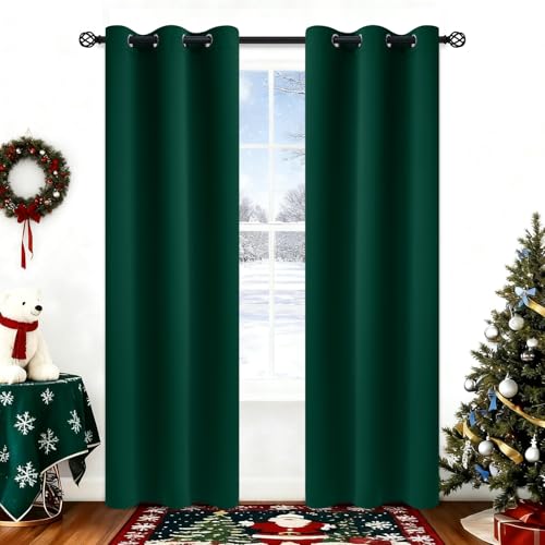 COSVIYA Grommet Blackout Room Darkening Dark Green Curtains 84 inch Length 2 Panels,Thick Polyester Light Blocking Insulated Thermal Window Curtain Drapes for Bedroom/Living Room,38x84 inches