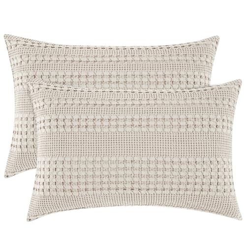 "PHF 100% Cotton Waffle Pillow Shams Standard Size, 2 Pack 20"" x 26"" Soft Skin-Friendly Pillowcases, No Filling, Aesthetic Woven and Breathable Waffle Weave Pillow Case Covers for Bed, Oatmeal"