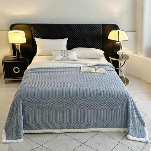 UKELER Sherpa Bed Blanket 80 ?? 90 inch, Ultra Soft Queen Size Throw Blanket for All Season, Cozy Plush Striped Fleece Blanket for Bedroom Living Room Dorm Hostel Sofa Camping, Blue Grey