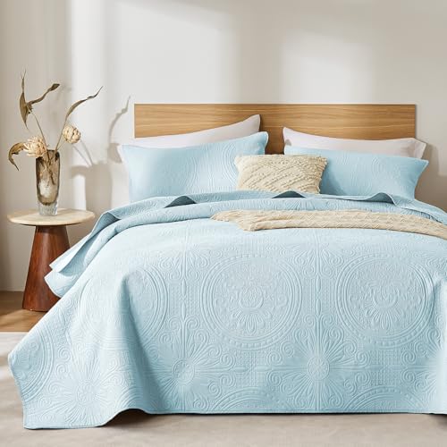 WURUIBO Twin Quilt Set Sky Blue,Ultrasonic Embossed Bedspread, Lightweight Microfiber Coverlet, Modern Thin Bedding Set for All Season, 2 Piece(1 Quilt,1 Pillow Shams)